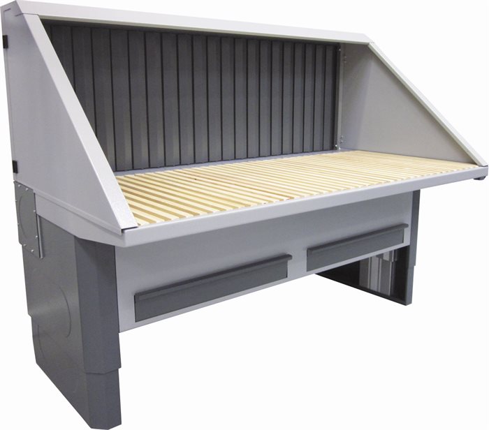 Absaugtisch UFH-E-BS mit elek. Höhenverstellung, Holzstäbchen, Hinterwand mit Absaugung sowie Decke und Seitenwänden mit Schallschutz